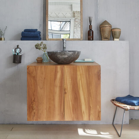 Berah Getah – Meuble sous vasque simple en teck brut 80 cm – Anti humidité – 2 larges placards – Montage prêt à poser