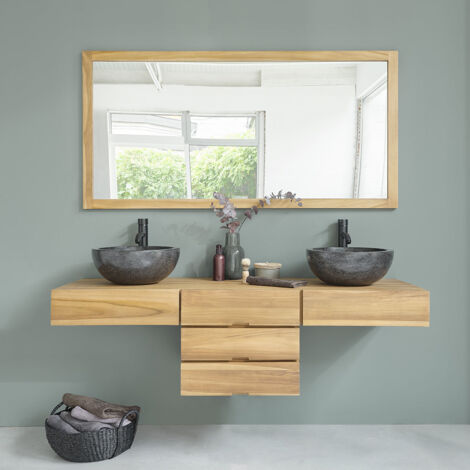 Berah Getah – Meuble sous vasque simple en teck brut de grade A 160 cm – 3 tiroirs – Anti humidité – Pour salle de bain moderne