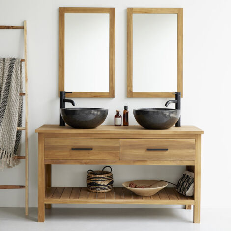 Berah Getah – Meuble sous vasque simple en teck massif 135 cm – Hauteur 75 cm – Profondeur 50 cm – Grand tiroir et niche ouverte