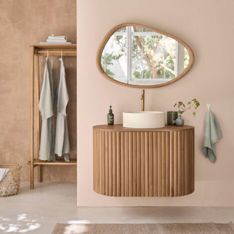 Berah Getah – Meuble sous vasque suspendu en teck massif 90 cm – Porte push and pull – Étagère intérieure pratique – Pour salle de bain moderne