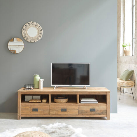 Berah Getah – Meuble TV en teck recyclé massif 160 cm – 3 tiroirs et 3 niches – Bois naturel – Livré monté – Éco-responsable