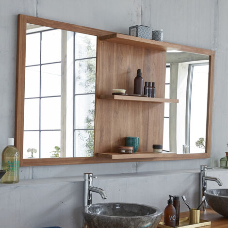 Berah Getah – Miroir lumineux en teck massif 160x80 cm – Résistant à l'humidité – Cadre rectangulaire – 3 tablettes de rangement intégrées