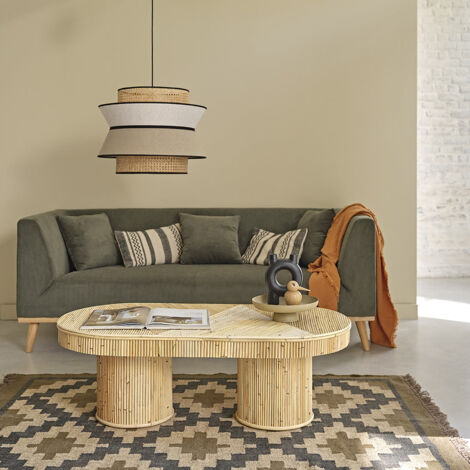 Berah Getah – Table basse fixe en rotin naturel ovale – Dimensions 120x61x40 cm – Épaisseur plateau 8 cm – Style bohème élégant
