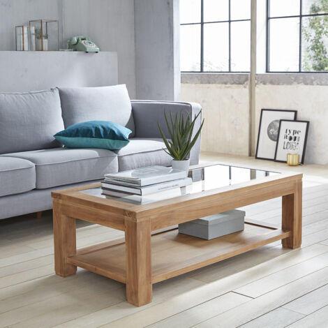 Berah Getah – Table basse fixe en teck massif avec plateau vitré – Double plateau pratique – Dimensions 120x60cm – Hauteur 40cm – Poids 30kg