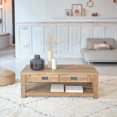 Berah Getah – Table basse fixe en teck recyclé massif – Double plateau avec 2 tiroirs – Dimensions 120x60x42 cm – Fabrication artisanale unique