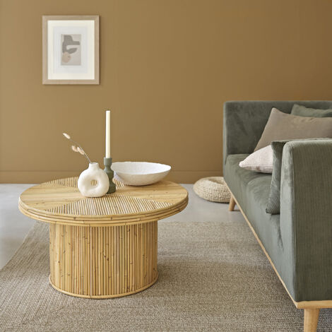 Berah Getah – Table basse ronde en canne de rotin naturel – Hauteur 40 cm – Diamètre 80 cm – Épaisseur plateau 5 cm – Style bohème