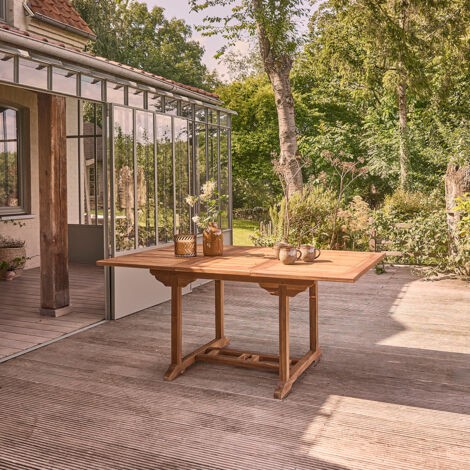 Berah Getah – Table de jardin extensible en teck huilé massif 6/8 places – Longueur 120/170 cm – Trou de parasol – Résistante aux intempéries