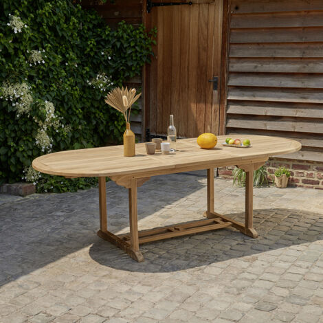 Berah Getah – Table de jardin extensible ovale en teck massif 8/10 places – Dimensions 180/240 x 100 x 75 cm – Trou de parasol intégré