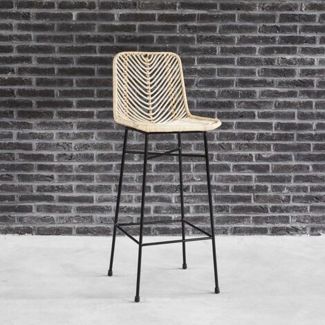 Berah Getah – Tabouret de bar en rotin et métal – Hauteur 104 cm – Assise 75 cm – Design industriel pour intérieur et extérieur – Lot de 2