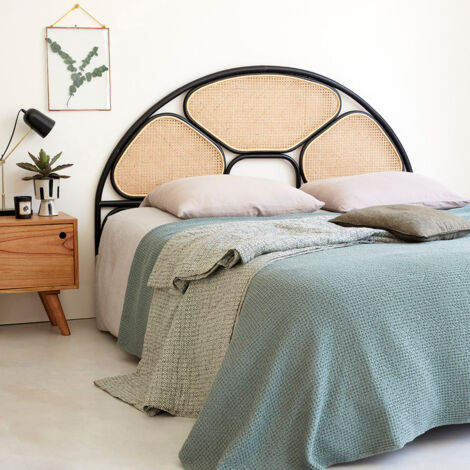 Berah Getah – Tête de lit en cannage et rotin noir 165 cm – Hauteur 115 cm – Pour lits 140 à 160 cm – Montage facile contre le mur