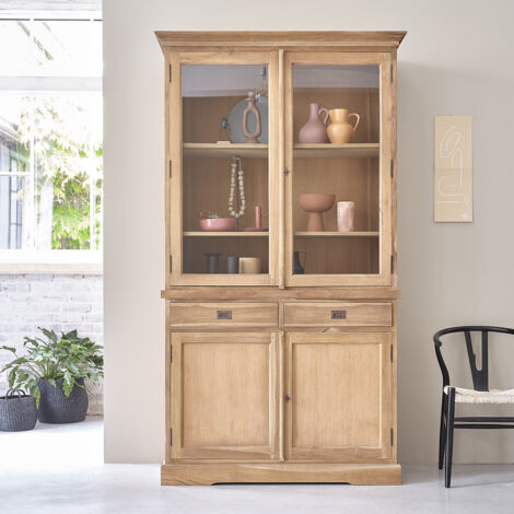 Berah Getah – Vaisselier en teck massif 120 cm – 2 tiroirs et 2 portes vitrées – Bois de teck brut premium – Hauteur 225 cm, Largeur 50 cm