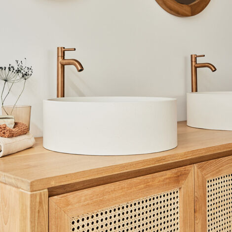 Berah Getah – Vasque à poser ronde en béton beige 37 cm – Hauteur 12,5 cm – Percée pour évacuation 4,5 cm – Design moderne pour salle de bain