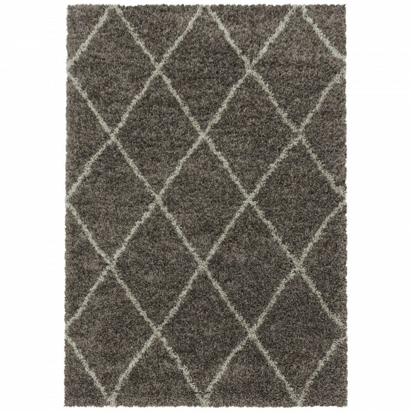 Tapis à Poils Longs Design Berbère Motif Losanges - Taupe et Blanc - 120x170cm