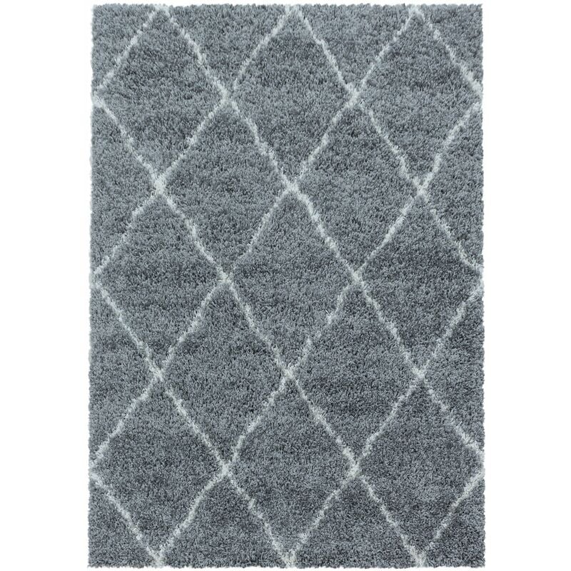 Tapis à Poils Longs Design Berbère Motif Losanges - Gris et Blanc - 160x230cm