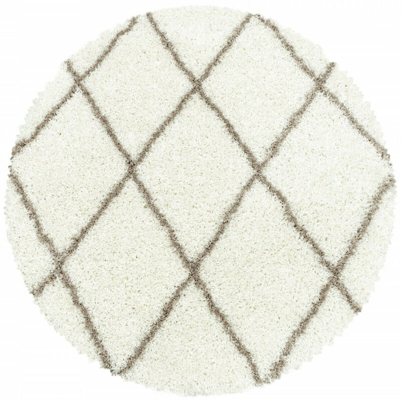 Tapis à Poils Longs Design Berbère Motif Losanges - Ivoire et Café - Rond 80x80cm