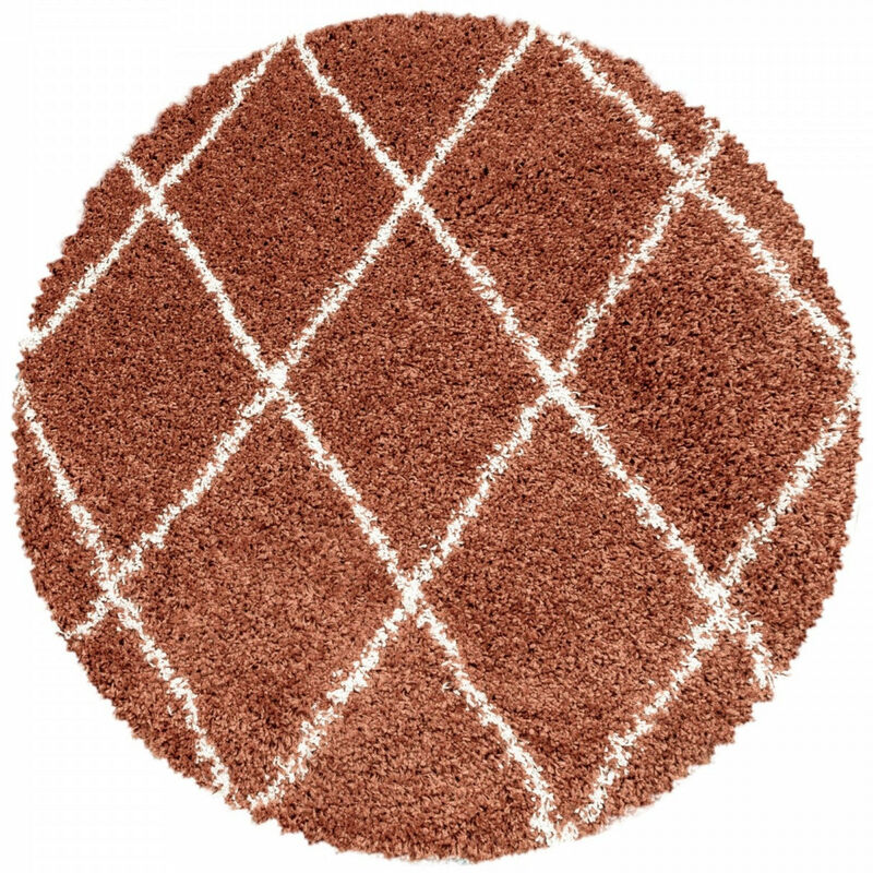 Tapis à Poils Longs Design Berbère Motif Losanges - Terracotta et Blanc - Rond 200x200cm