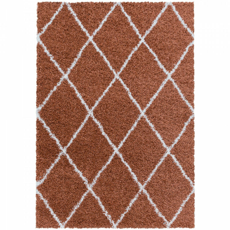 Tapis à Poils Longs Design Berbère Motif Losanges - Terracotta et Blanc - 240x340cm