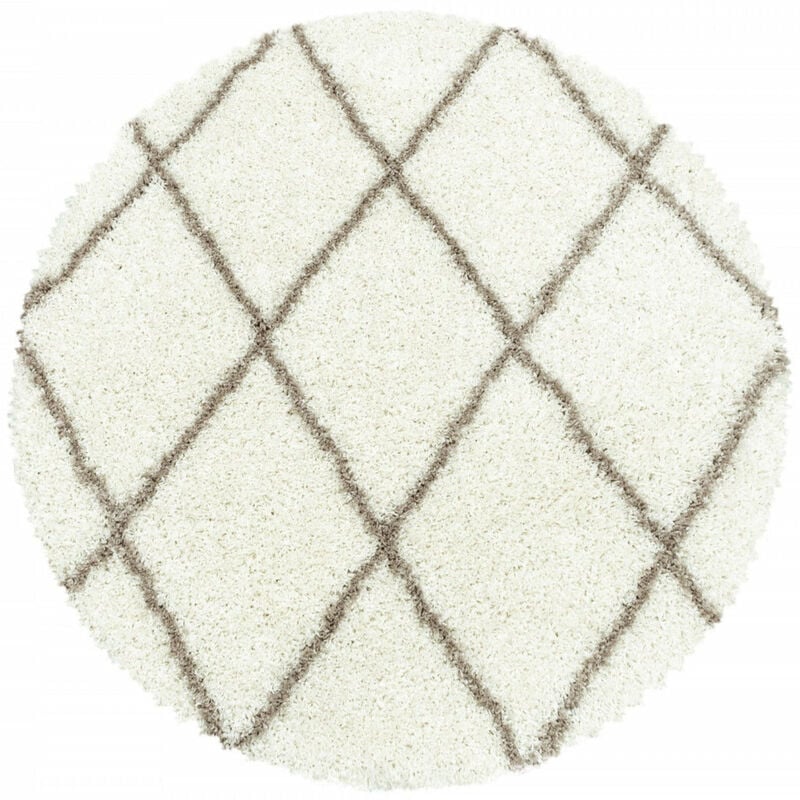 Tapis à Poils Longs Design Berbère Motif Losanges - Ivoire et Café - Rond 160x160cm