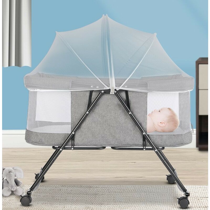 Berceau Bébé Pliable Lit Bébé Portable de Voyage Avec Moustiquaire + Roue Universelle de 0-2 Ans 60KG 1069255cm Gris