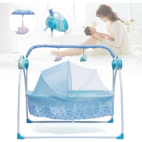 Berceau Electrique Bleu Deluxe Sans Batterie Adapté Nouveau-Nés Bébé Libre Avec Mains Electrique Couffin Lit d'Enfant Ensemble Coton Housse Matelas Portable Lit d'Enfant Bleu Ciel