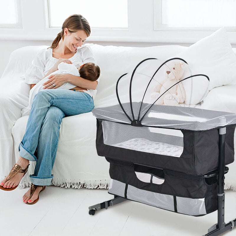 Berceau Hauteur réglable 71-88 cm Berceau Bébé Lit Bébé Portable de Voyage Avec Moustiquaire + Roue Universelle berceau multifonctionnel- noir