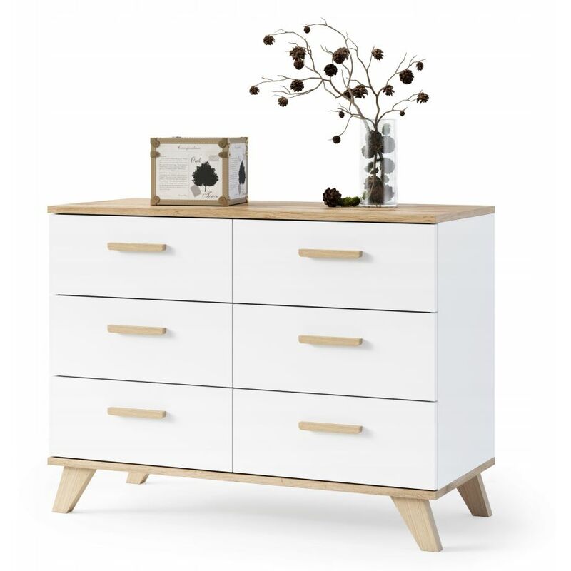 Bergen Buffet scandinave 100 cm sur pieds Bois et Blanc 6 tiroirs