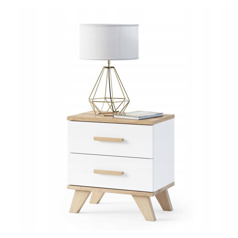 Bergen table de chevet scandinave 45 cm sur pieds Bois et Blanc 2 tiroirs