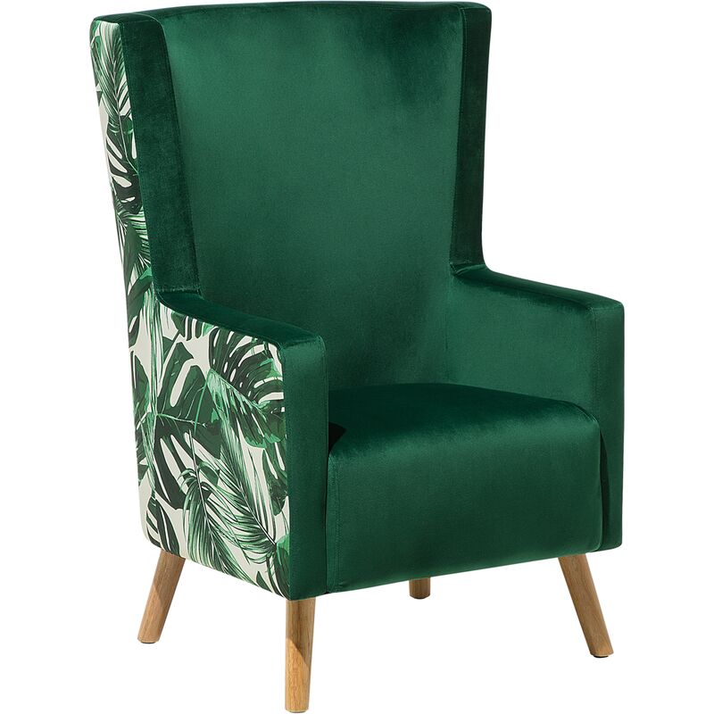 beliani - fauteuil dossier haut type bergère en velours vert motif jungle élégance et confort pour salon au style scandinave et glamour bois clair
