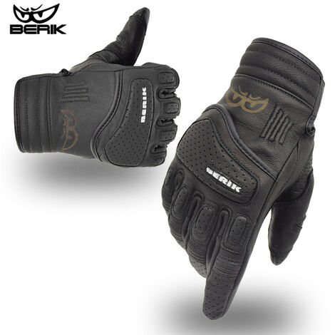 BERIK – gants de Moto en cuir véritable pour hommes, pour écran tactile, noirs/rouges/marrons, respirants, pour doigt complet, M-XXL,Black,XXL