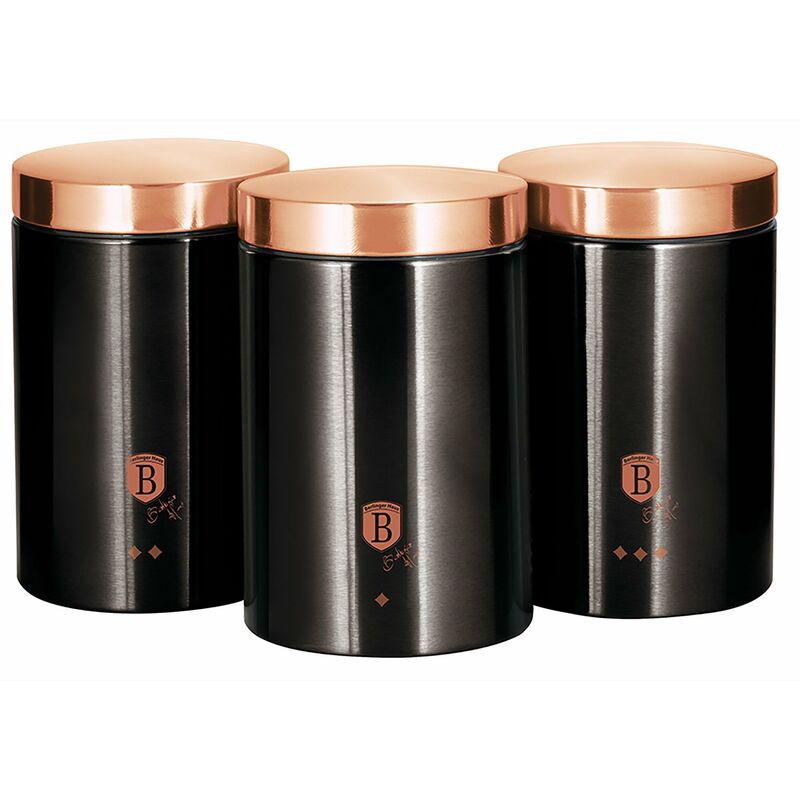 Black Rose Set de 3 Boîtes de Cuisine en Acier Inoxydable Robuste, Ø11 x 17,8 cm Design Noir / Or Rose - Berlinger Haus