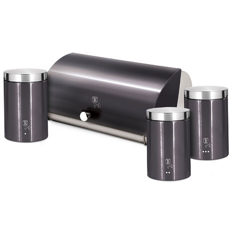 Berlinger Haus Carbon Pro Panera de Mesa +Juego 3 Botes Cocina Almacenaje Acero Inoxidable Contenedor de Pan con Tapa  Inox/Gris Oscuro