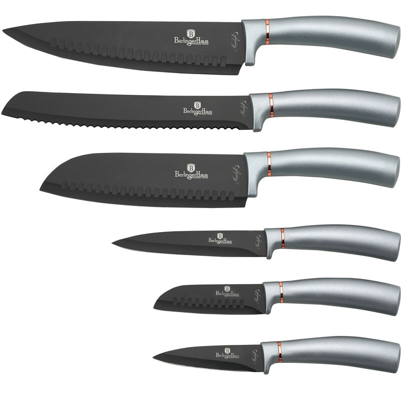 

Berlinger Haus Juego 6 Cuchillos Cocina Profesional, Hoja Acero Inoxidable, Cocinero, Cebollero, Pan, Santoku Gris