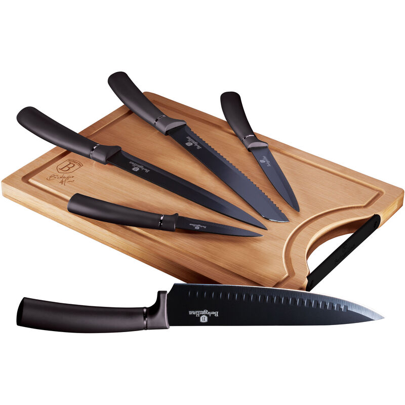 Berlinger Haus - Carbon Pro Juego Cuchillos Cocina Profesional Acero Inoxidable, Cocinero Cebollero, Rebanador Tabla Bambú Negro/Gris - Negro/Gris