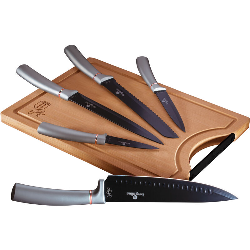 

Berlinger Haus Juego Cuchillos Cocina Profesional Acero Inoxidable, Cocinero Cebollero, Rebanador Tabla Bambú Gris