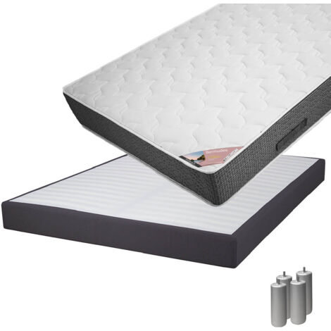 BERMUDES - Pack Matelas 140x190 + Sommier Tapissier Démontable 2x20 Lattes Anthracites + Pieds Argent 15cm