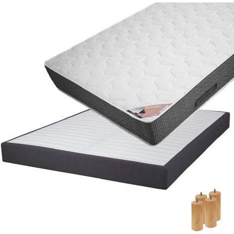 BERMUDES - Pack Matelas 140x190 + Sommier Tapissier Démontable 2x20 Lattes Anthracites + Pieds Bois 15cm