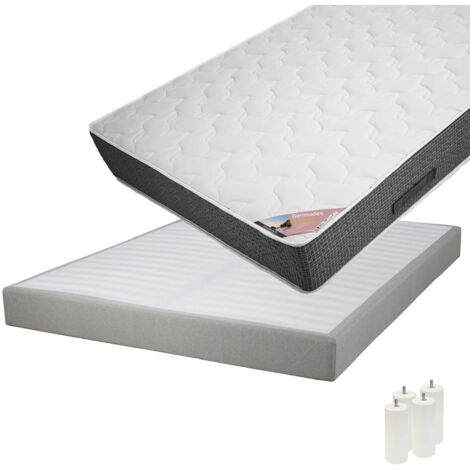 BERMUDES - Pack Matelas 140x190 + Sommier Tapissier Démontable 2x20 Lattes Lin + Pieds Blancs 15cm