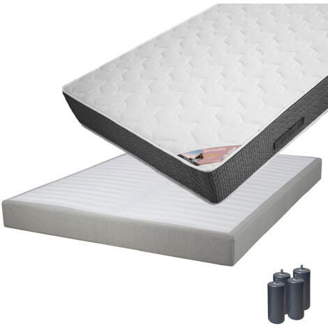 BERMUDES - Pack Matelas 160x200 + Sommier Tapissier Démontable 2x20 Lattes Lin + Pieds Anthracites 15cm