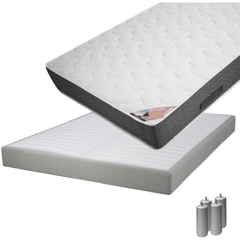 BERMUDES - Pack Matelas 160x200 + Sommier Tapissier Démontable 2x20 Lattes Lin + Pieds Argent 15cm