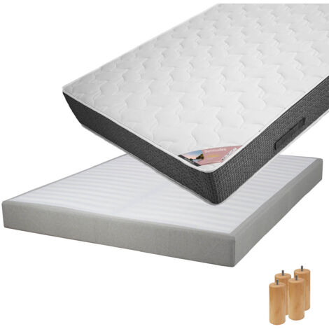 BERMUDES - Pack Matelas 160x200 + Sommier Tapissier Démontable 2x20 Lattes Lin + Pieds Bois 15cm