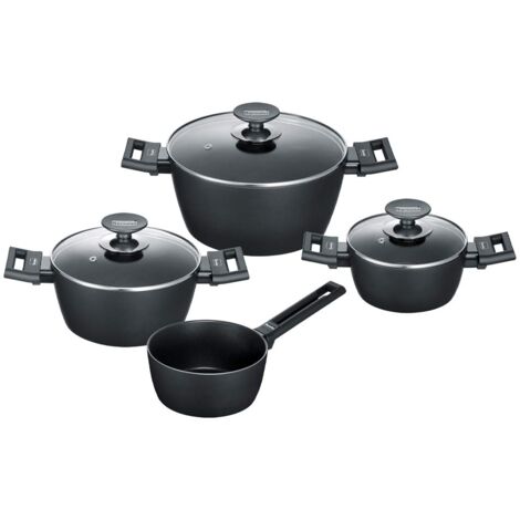 Berndes Alu Induction Batteria 7 Pezzi: Casseruola 16+20+24 cm, Pentolino 16 cm, Coperchi in Vetro 16+20+24 cm Nero