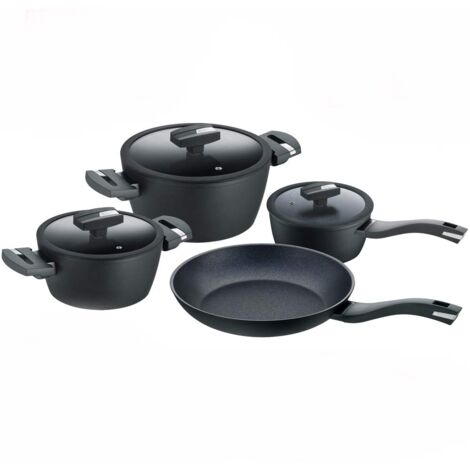 Berndes Balance Induction Enduro Kochtopfset 4-Teilig Batteria 7 Pezzi: Casseruola, Pentolino 16 cm, Padella Fonda 28 cm, Coperchi in Vetro 16+20+24 cm, Alluminio Forgiato, Nero