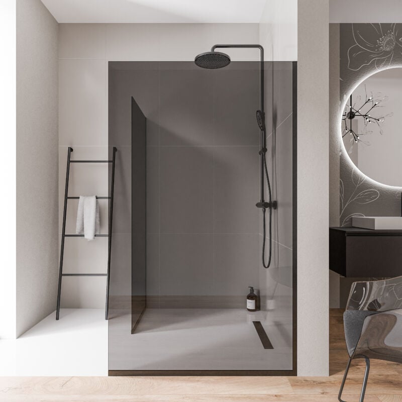 Bernstein - 2 Parois de douche italienne d'angle 130x200cm + 90cm, verre fumé nano 10mm, profilé mural + sol inox noir mat - EX102 130 cm, 90 cm,
