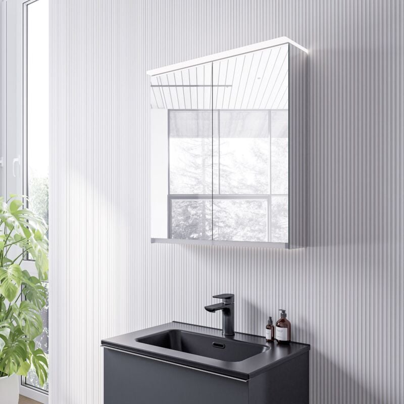 BERNSTEIN - Armoire de toilette MFC 2 portes miroirs, éclairage LED, prise de courant intérieure et 2 tablettes verre - 60x71x19cm (LxHxP) - VARO 60