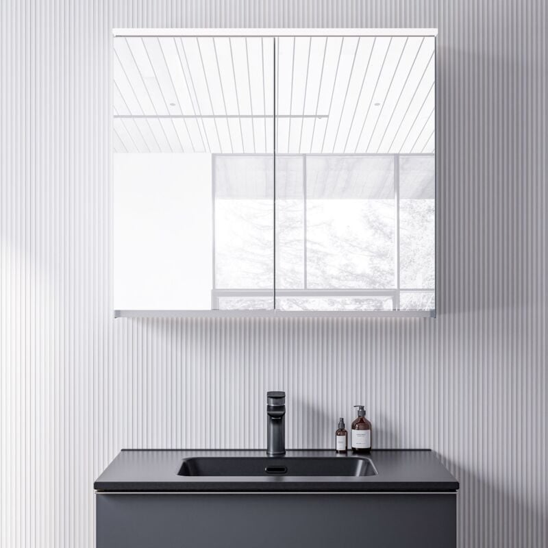 Armoire de toilette mfc 2 portes miroirs, éclairage led, prise de courant intérieure et 2 tablettes verre - 80x71x19cm (LxHxP) - varo 80 cm