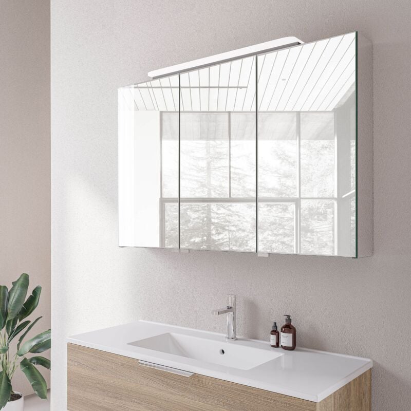 Armoire de toilette suspendue 100x19x72,5cm (LxPxH), 3 portes verre mirroir, éclairage led et prise électrique - Ouverture gauche ou droite