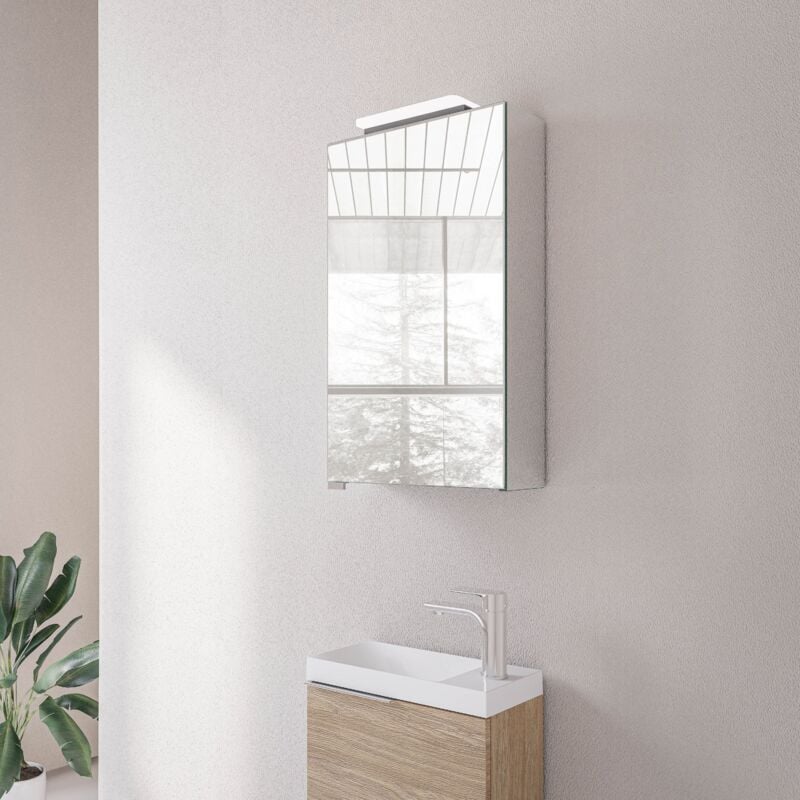 Armoire de toilette suspendue 40x19x72,5cm (LxPxH) , 1 porte verre mirroir, éclairage led et prise électrique - Ouverture gauche ou droite - neo