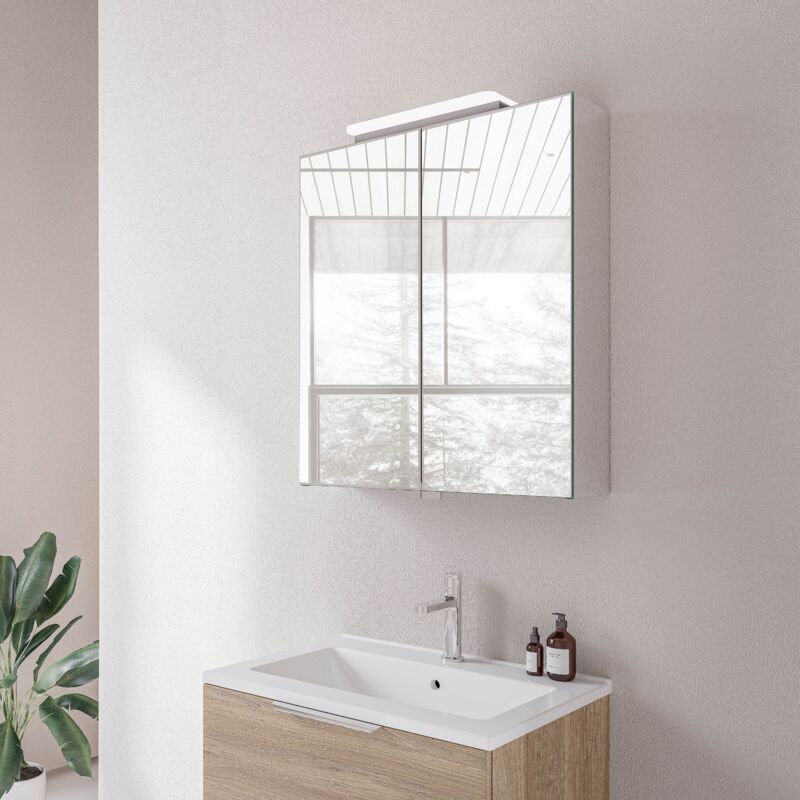 Bernstein - Armoire de toilette suspendue 60x19x72,5cm (LxPxH), 2 portes verre mirroir, éclairage led et prise électrique - Ouverture gauche ou