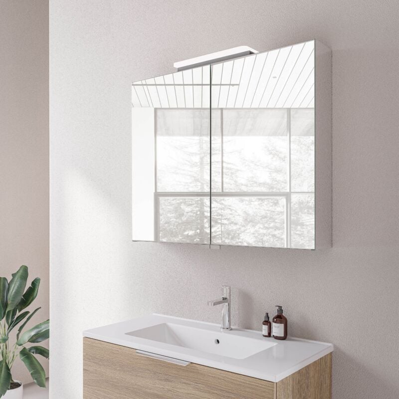 Bernstein - Armoire de toilette suspendue 80x19x72,5cm (LxPxH), 2 portes verre mirroir, éclairage led et prise électrique - Ouverture gauche ou