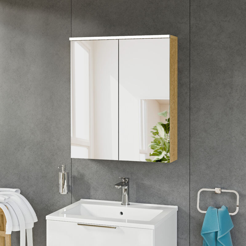 Bernstein - Armoire de toilette suspendue Chêne miel 60x18x70cm (LxPxH) 2 portes miroir, éclairage led, tablettes en verre - solo Chêne miel doré